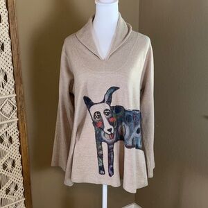 Inoah Art to Wear Beige Dog Print Cowl Neck Tunic Top‎ Size S - Made in USA